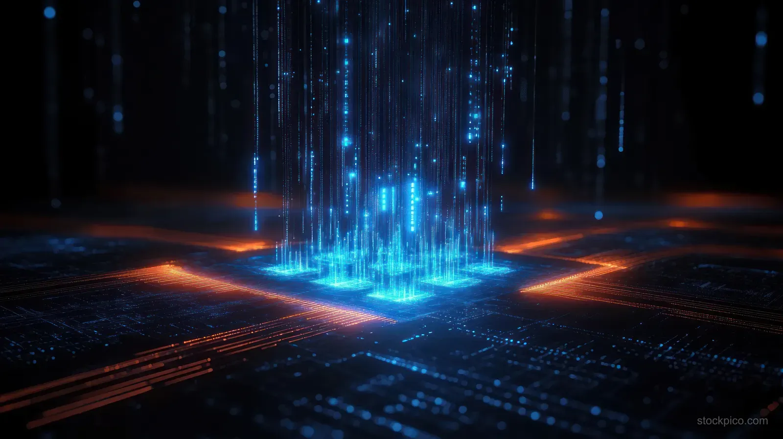 Blue glowing data pillars rise from a dark grid platform in a futuristic cybersecurity visualization.