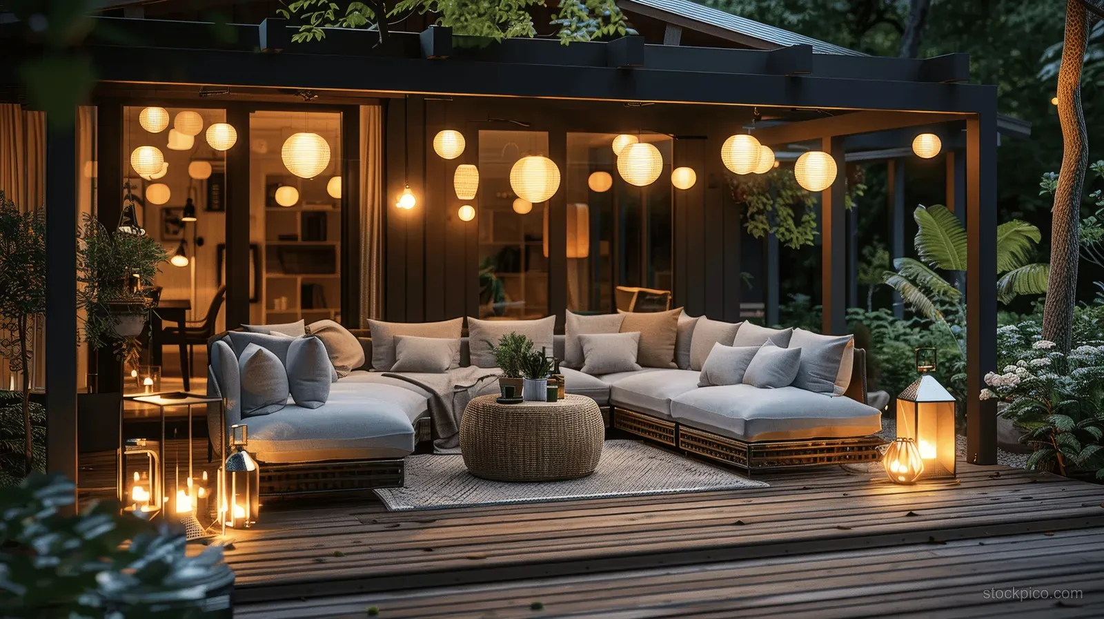 Lanterns and string lights illuminate cushioned patio sofas on a wooden deck at night in a green garden.