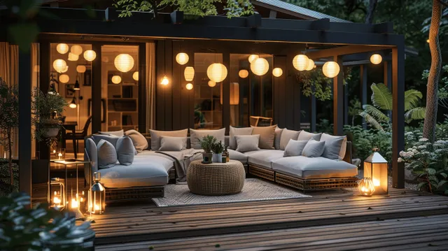 Lanterns and string lights illuminate cushioned patio sofas on a wooden deck at night in a green garden.