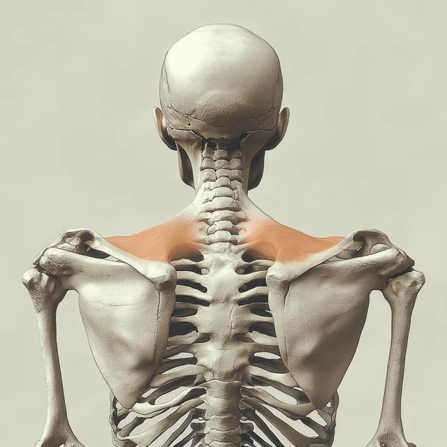 Human skeleton posterior view highlighting shoulder joints and supraspinatus muscle region