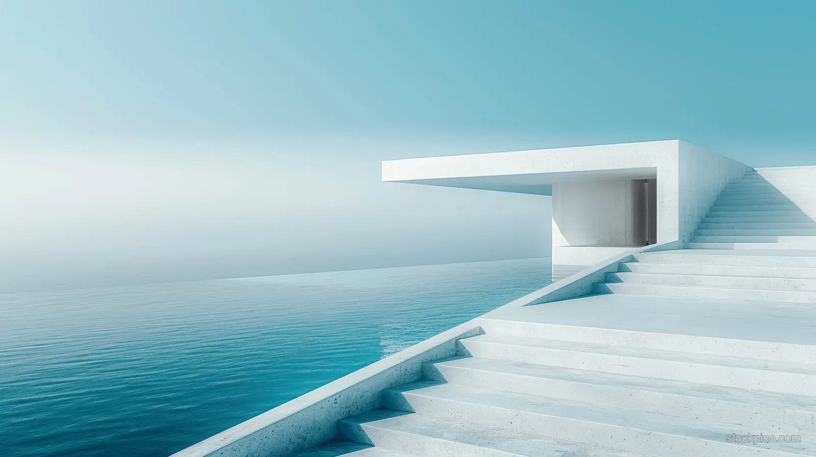 Minimalist concrete stairs lead from a platform over blue water under a clear sky.