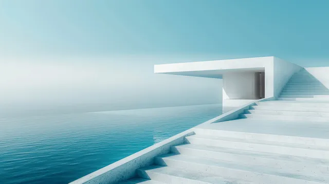 Minimalist concrete platform stairs over blue water with angled sky horizon