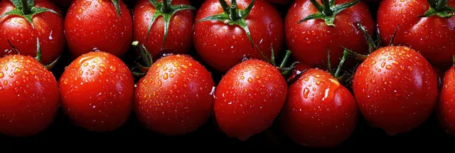 Close-up of red tomatoes with green stems beaded with water droplets on a black backdrop