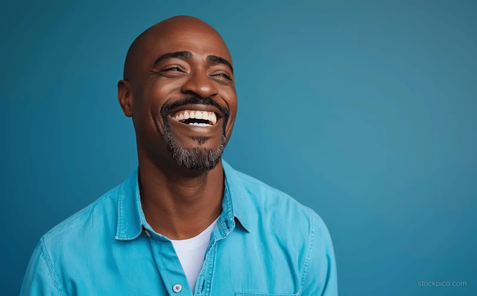 A bald African American man in a blue shirt laughs on a cyan studio background.