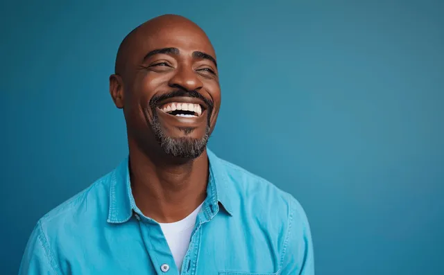 Smiling bald African American man in blue shirt laughing against cyan studio background with Head And Shoulders