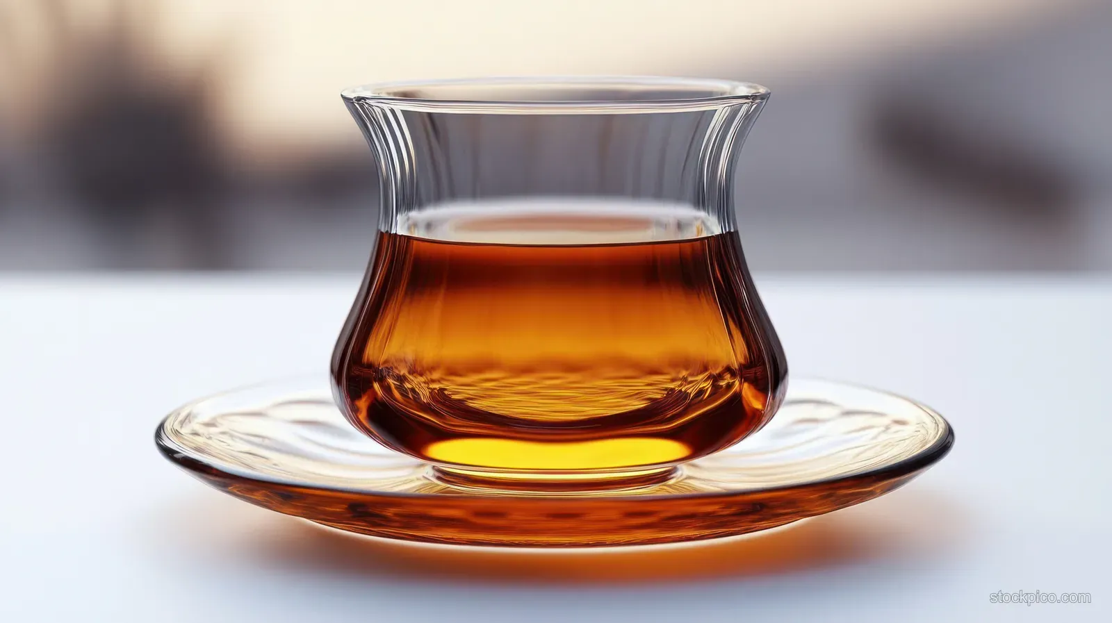 Tulip-shaped glass with amber tea on a matching saucer against a softly blurred background.