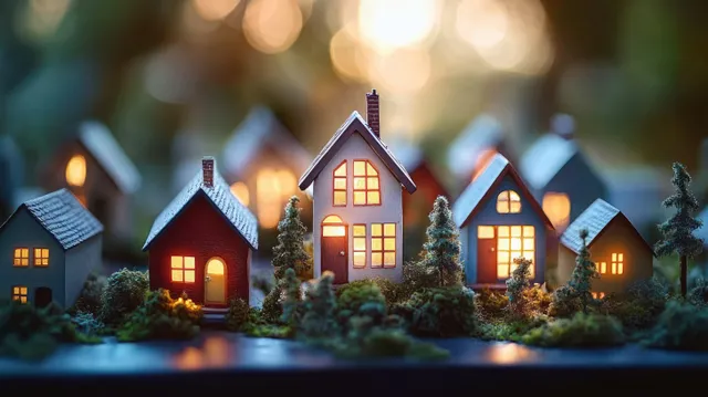 Miniature houses with warm lights beside rising chart line in blurred city backdrop