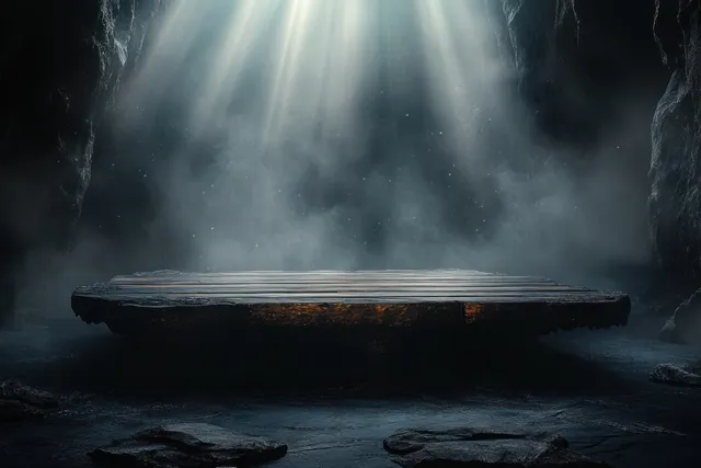 Floating Wooden Platform in Dark Cave with Ethereal Light Beams