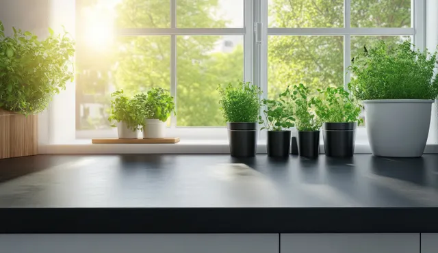 Herb pots sit along a kitchen windowsill with bright morning sunlight and soft shadows.