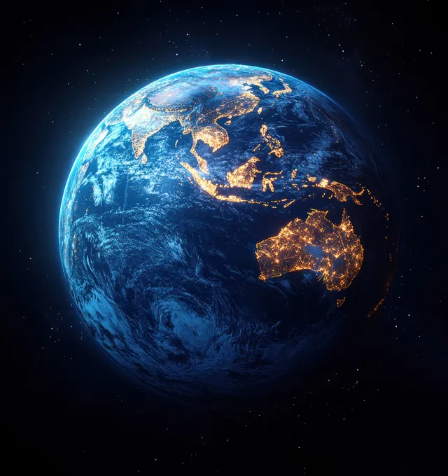 Luminous 3D Earth globe in space with dramatic lighting and Australia illuminated near the center.