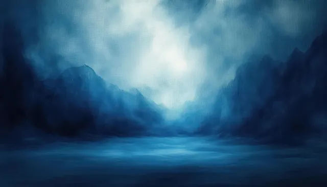 Abstract misty mountain valley backdrop with soft blue painted textures and dreamy light