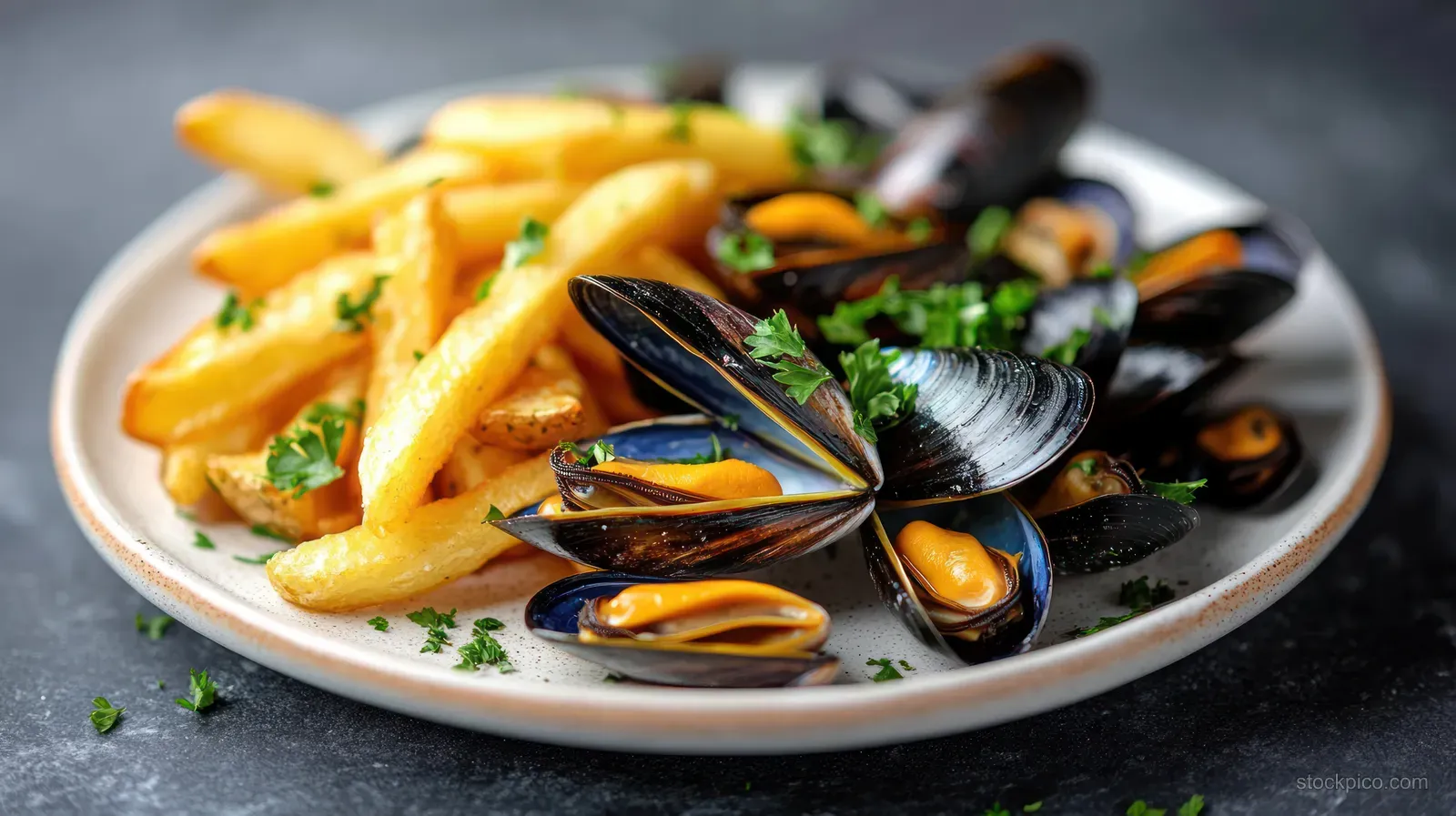 Steamed mussels with parsley sit on a ceramic plate alongside golden crispy French fries over a dark surface.