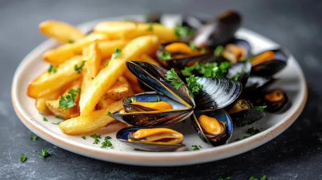 Steamed mussels with parsley sit on a ceramic plate alongside golden crispy French fries over a dark surface.