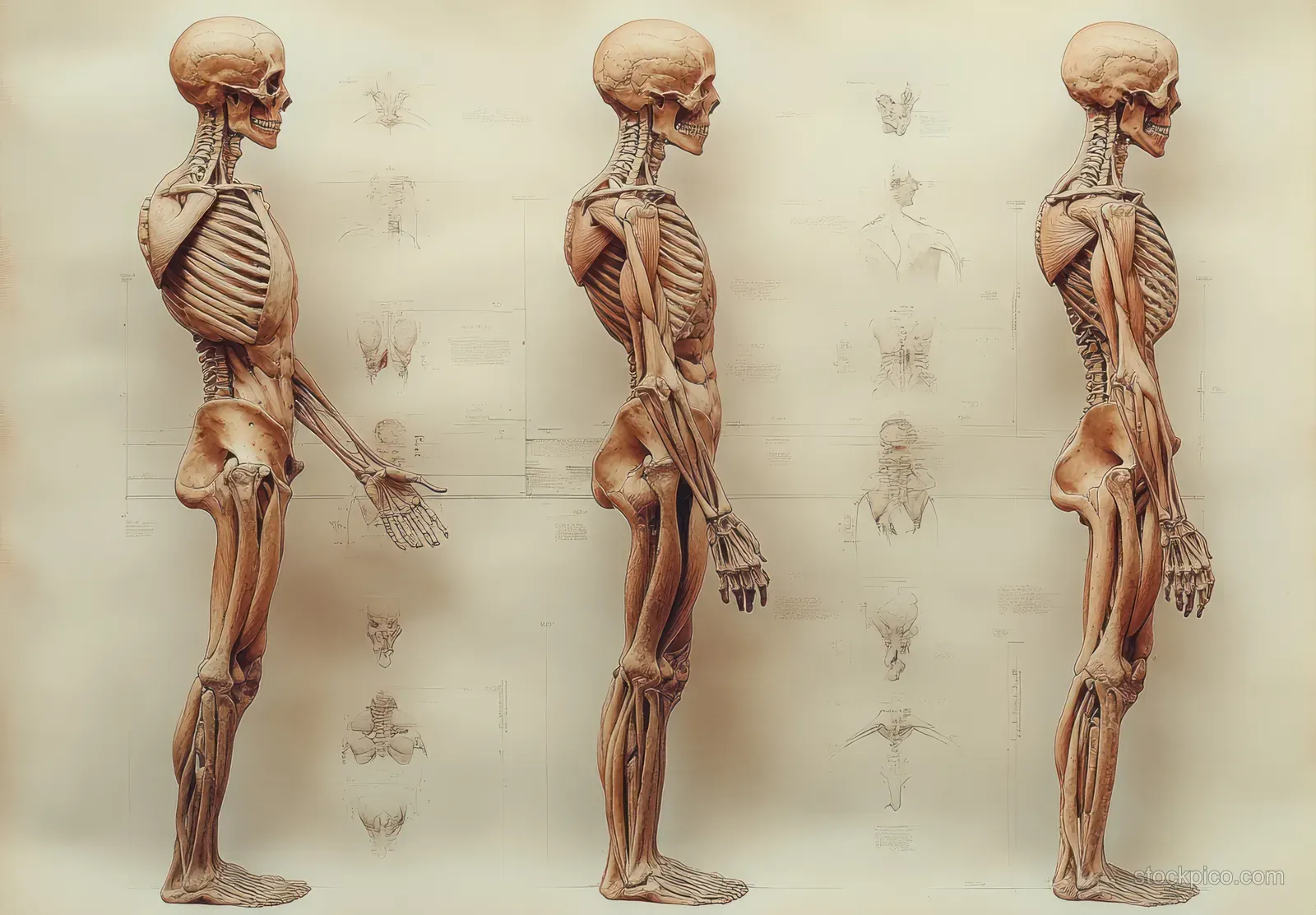Anatomical illustration shows three views of a human figure’s skeleton and muscles standing against an off-white background.