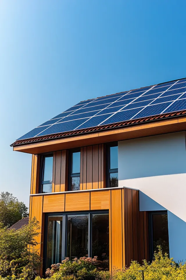 Modern house exterior with wooden cladding, large windows, and solar-panel roof under a clear blue sky.