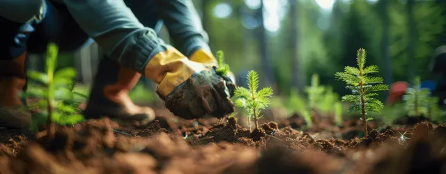 Gloved volunteers plant small pine saplings in forest soil with blurred greenery behind them.
