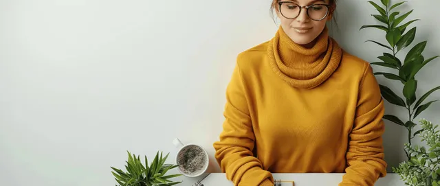 Student studying on laptop at desk with notebook, glasses, and plants nearby