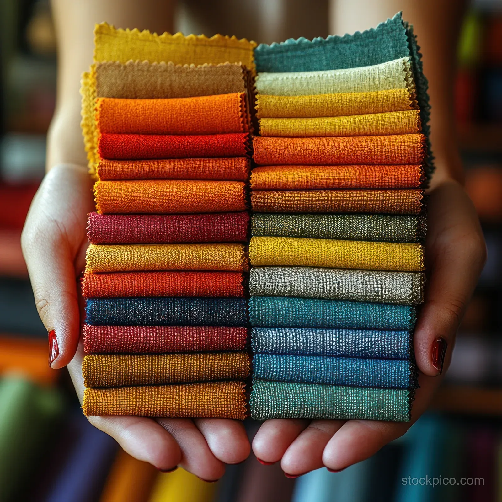 Close-up of hands holding a fan of colorful fabric swatches with visible textile textures and patterns.
