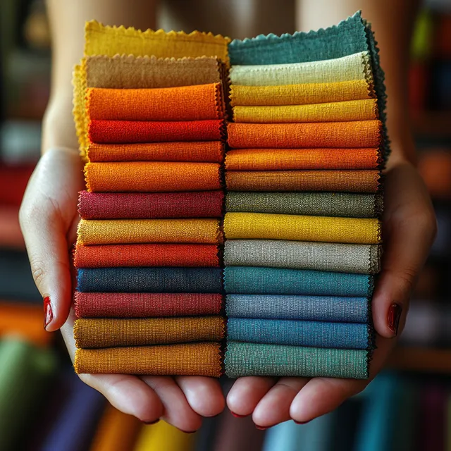 Close-up of hands holding a fan of colorful fabric swatches with visible textile textures and patterns.