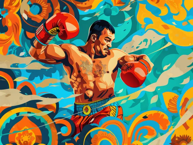 A Kazakh heavyweight boxer in red gloves throws a punch amid swirling colorful mural patterns.