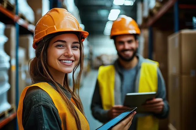 Warehouse team in safety helmets and vests reviews inventory on tablets in a well-organized distribution facility.