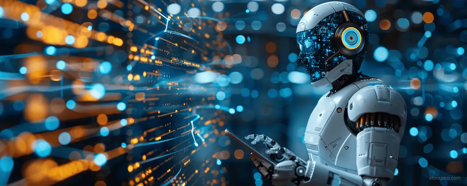 A white robot assistant gestures toward a glowing AI network interface amid colorful digital light trails.