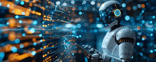 A white robot assistant gestures toward a glowing AI network interface amid colorful digital light trails.