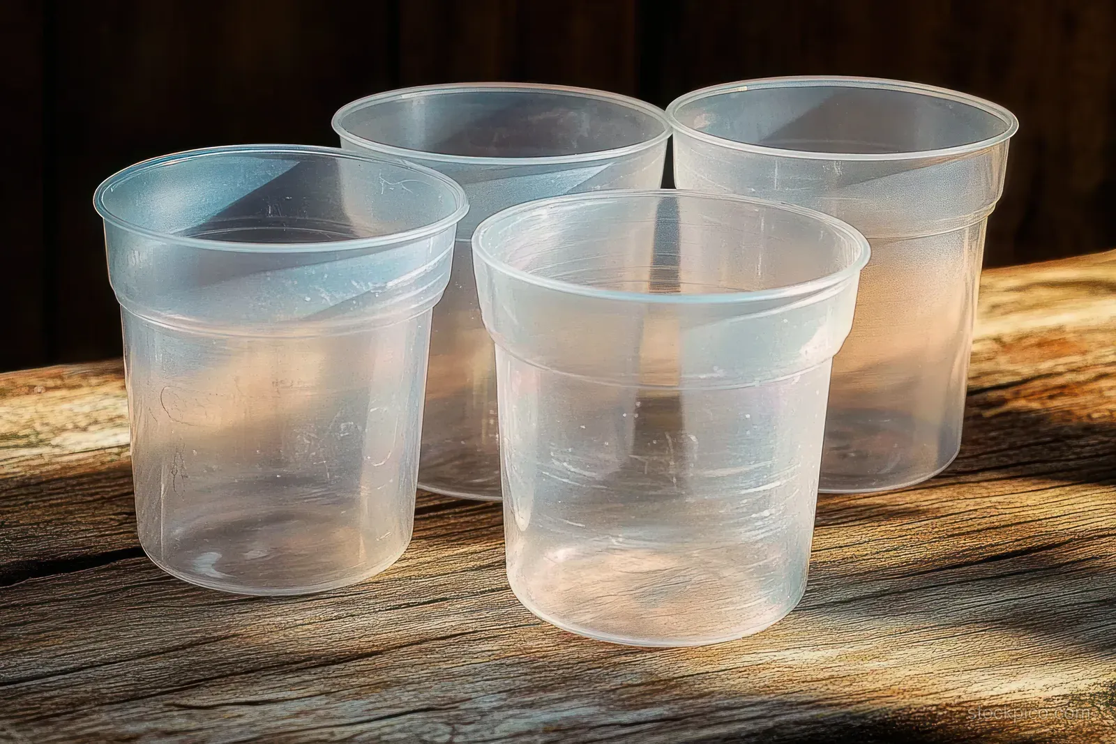 Four empty translucent plastic cups sit on a wooden table under warm sunlight with visible shadows.