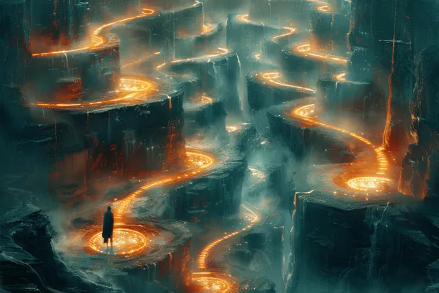 A lone man walks through a glowing maze of twisting corridors as orange light trails guide his uncertain route.