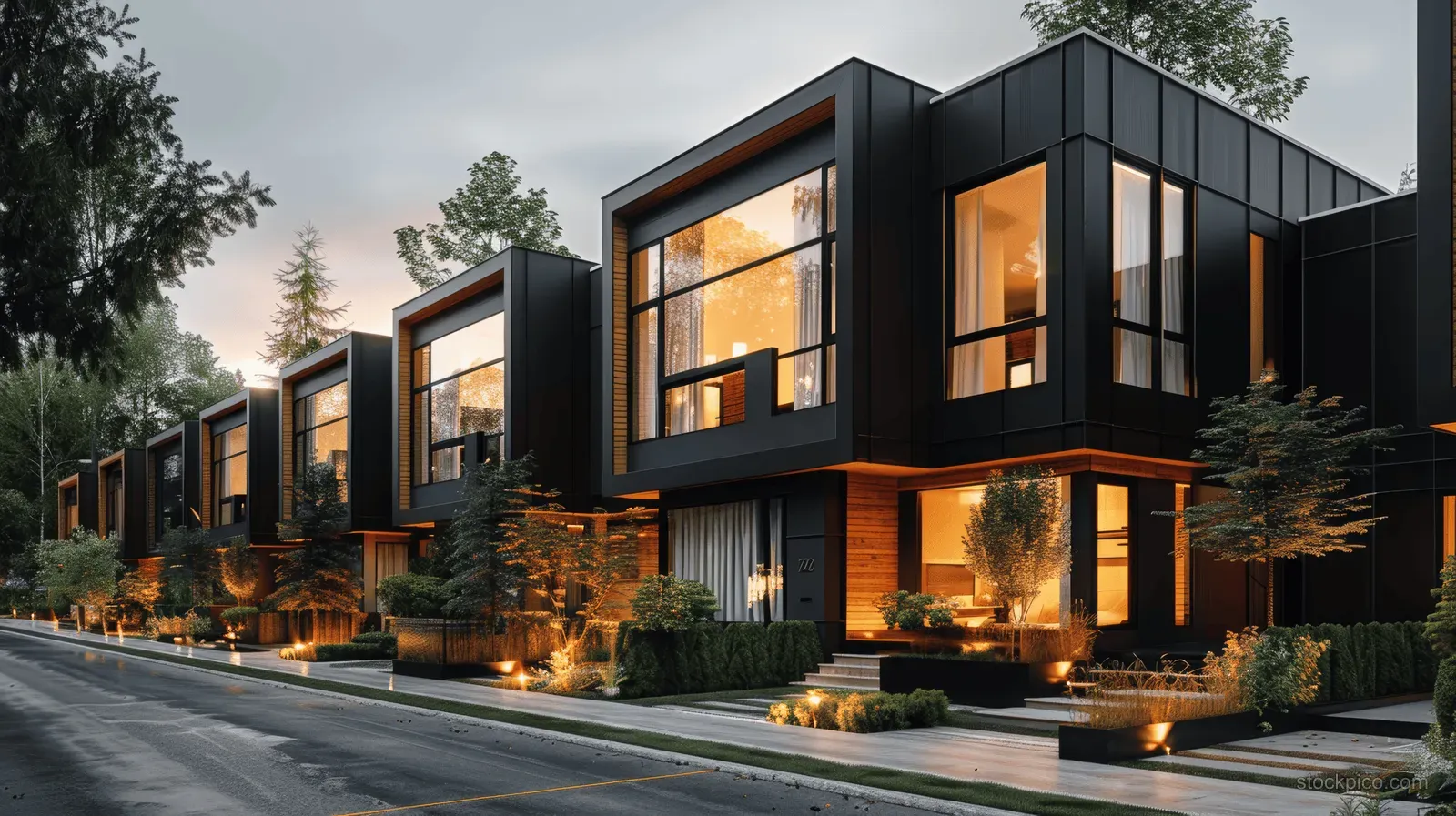 Modern black panel townhouses with glowing windows and wooden accents line a street at dusk with landscaped greenery.