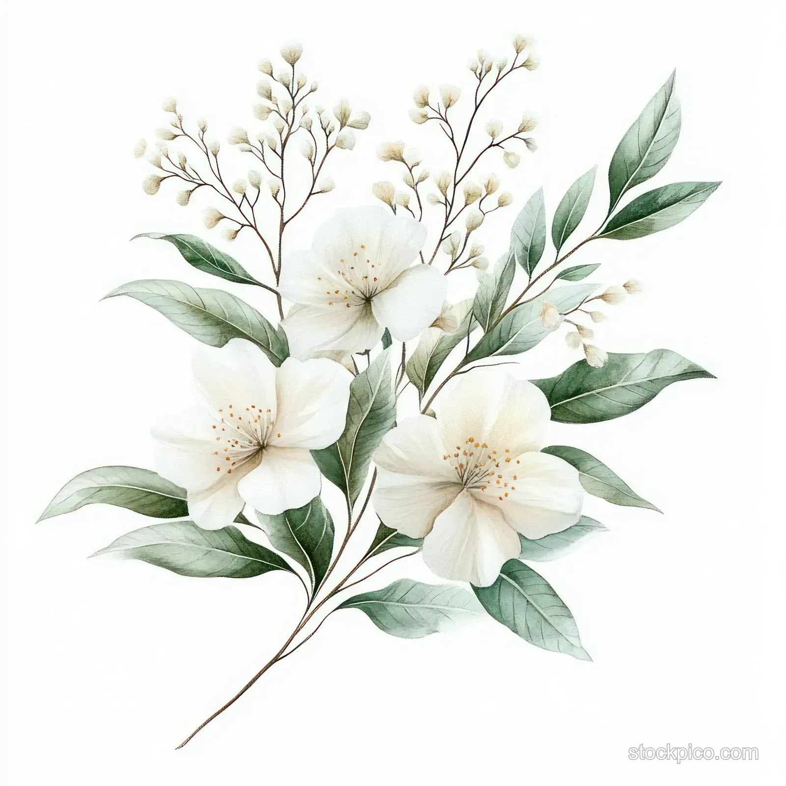 Watercolor white flowers with green leaves and stems arranged as a small bouquet on a light background.