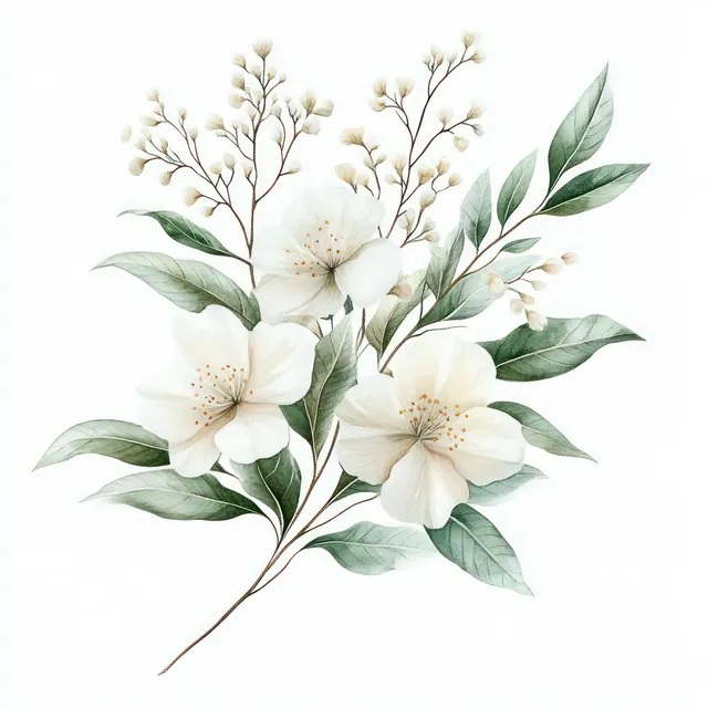 Watercolor white flowers with green leaves and stems arranged as a small bouquet on a light background.