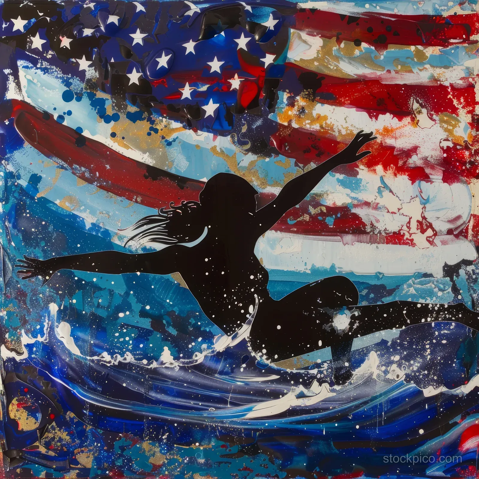 Silhouetted female swimmer in freestyle motion splashes through colorful waves against a star-spangled backdrop.