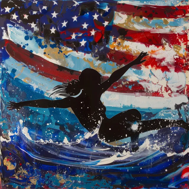 Silhouetted female swimmer in freestyle motion splashes through colorful waves against a star-spangled backdrop.