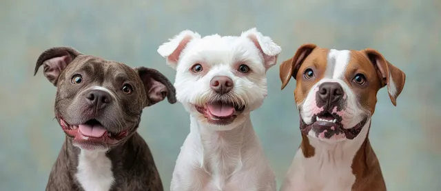 Three dogs sit side by side facing the camera with tongues slightly out against a neutral studio background.