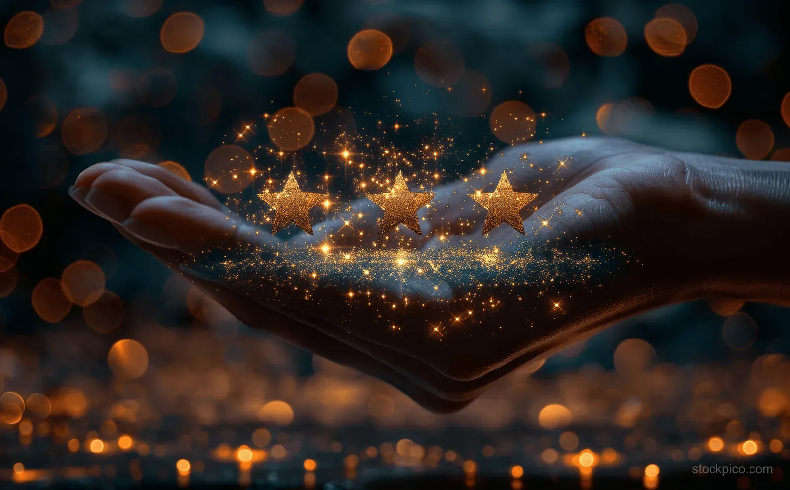 Hands hold glowing five-star rating icons with sparkling lights in a dark, bokeh background.