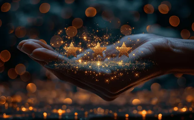 Hands holding glowing five-star rating icons with sparks, quality assurance theme