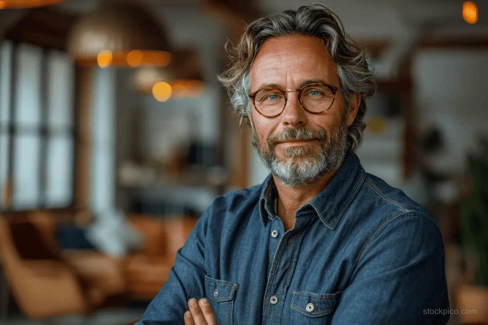 A gray-bearded man wearing glasses smiles in a modern office with warm bokeh lights behind.