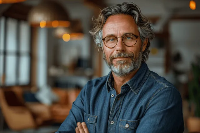 A gray-bearded man wearing glasses smiles in a modern office with warm bokeh lights behind.