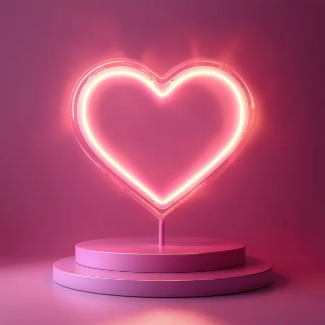 Pink neon heart sign glowing above pastel pedestal with soft studio shadows