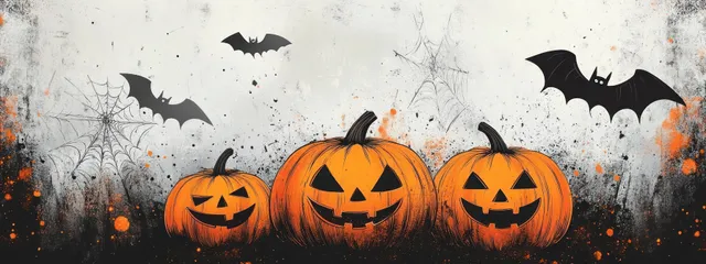 Three jack-o-lantern pumpkins with carved smiles on a textured Halloween background with bats and faint cobwebs.