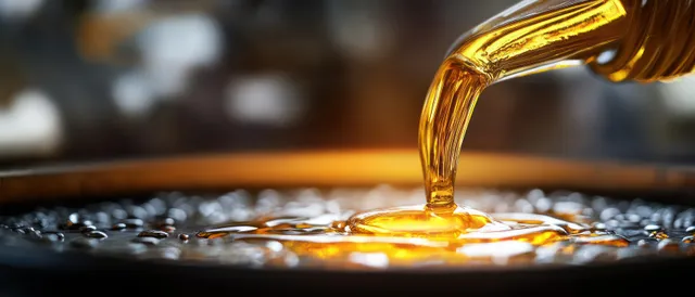 Golden oil pours from a black container into a vehicle engine bay during an oil change.