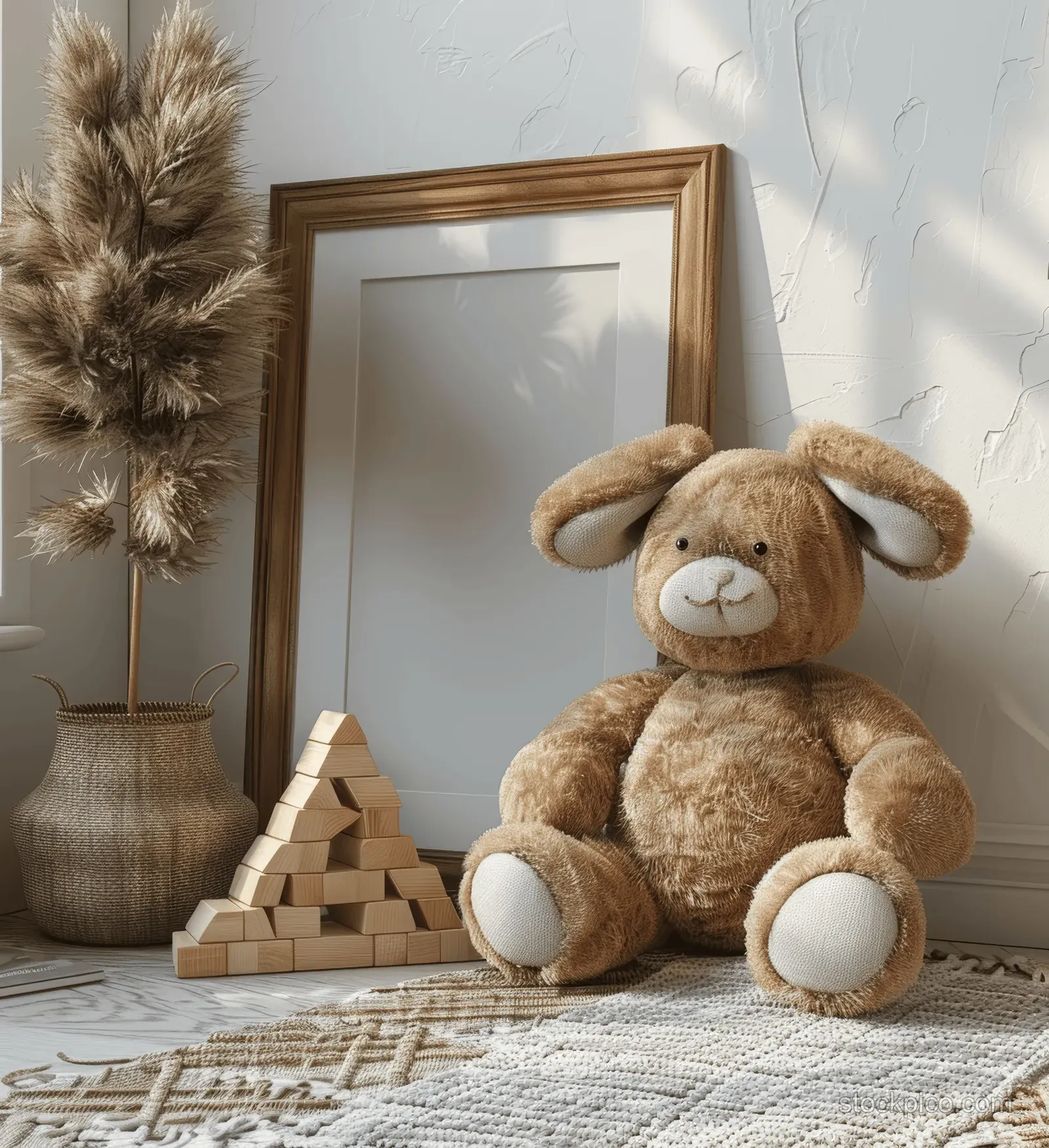Blank wooden picture frame in a nursery next to a plush toy rabbit and wooden pyramid blocks.