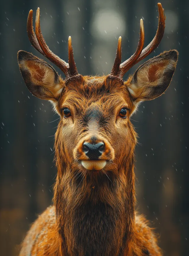 A deer with detailed antlers in warm chiaroscuro light, with a softly blurred forest background.