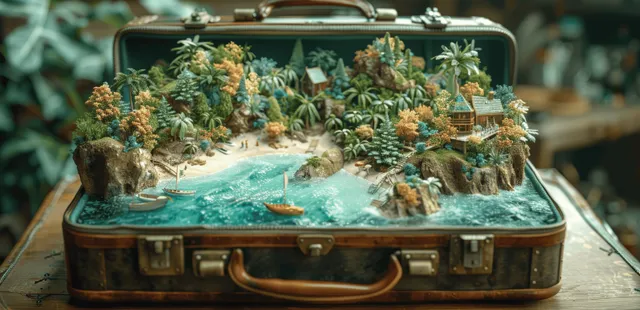 Open vintage suitcase displaying a miniature tropical beach scene with palm trees