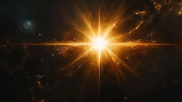 Golden starburst flare lights up dark space, scattering cosmic dust and distant stars.