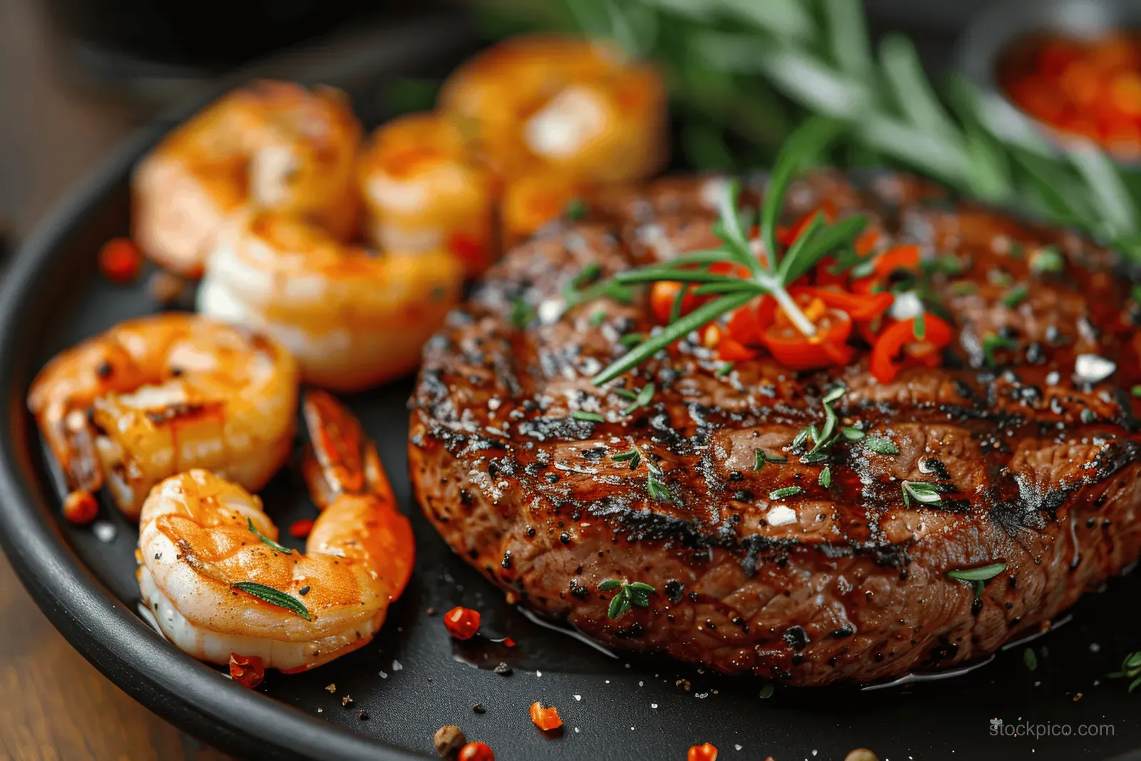 Grilled steak and shrimp platter with seared edges, pepper flakes, and rosemary-like herb garnish.