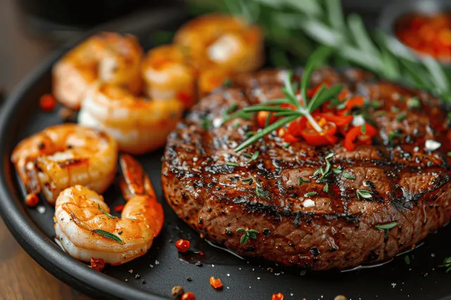 Grilled steak and shrimp platter with seared edges, pepper flakes, and rosemary-like herb garnish.