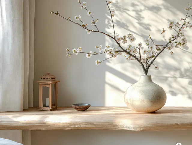 A white vase with blossoming branches and a small lantern are arranged on a wooden shelf under soft sunlit shadows.