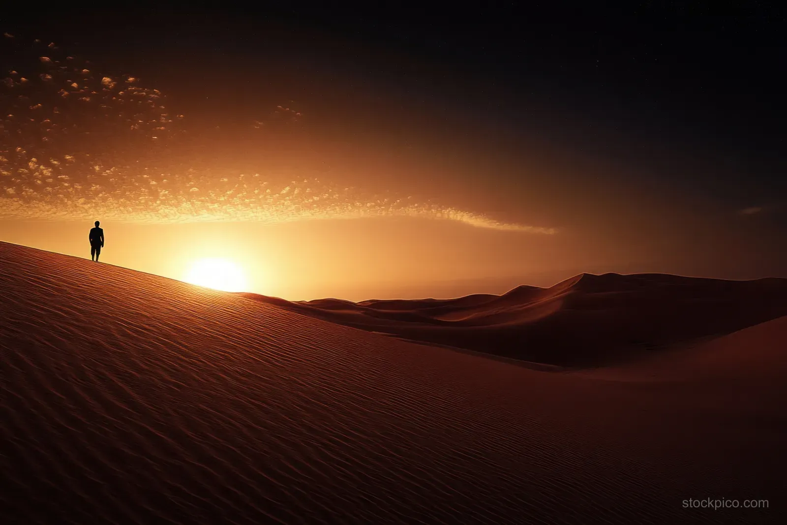 Silhouette of a lone person walking on desert sand dunes beneath a dramatic sunset sky.